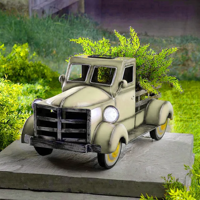 Metall Vintage Truck Blumentopf mit Auto Licht Pickup Truck Pflanzer für Home Garden Outdoor Decor WQEQ Retro-Stil Solar Pickup Truck Garten Dekoration 