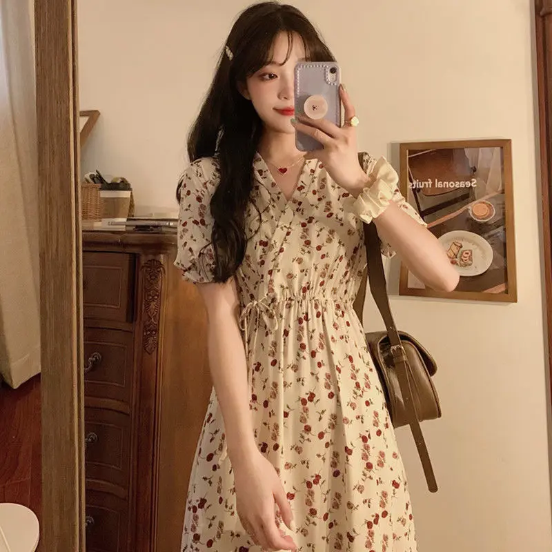 Dress Women Korean Sweet Style Floral V-neck Fairy Leisure Girls Cute Flounced Edge All-match Prairie Chic Abdomen Elegant Teen images - 6