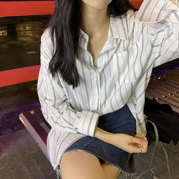 

BF vertical stripe polo women's autumn 2019 Korean single breasted casual cardigan women