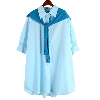 

[EWQ] 2020 Spring Summer New Arrivals Turn-down Collar Lantern Half Sleeve Women Casual Shawl Fake Two pieces Shirt AW46205