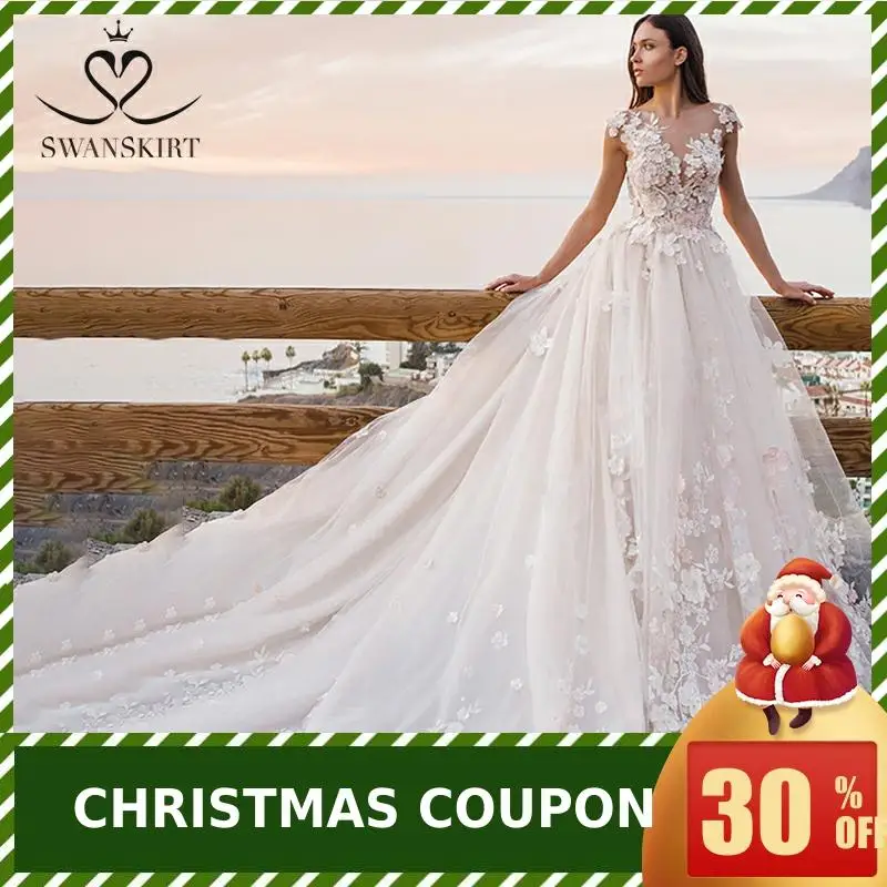 Swanskirt Flowers Ball Gown Wedding Dress Romantic Appliques backless Beaded Chapel Train Bridal Gown Robe de mariee OZ05