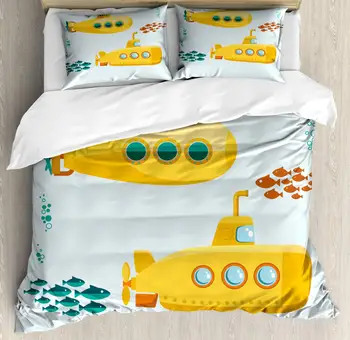 

Submarine Duvet Cover Set Undersea Periscope with Shoal of Fish 3 Piece Bedding Set Earth Yellow Teal Burnt Orange