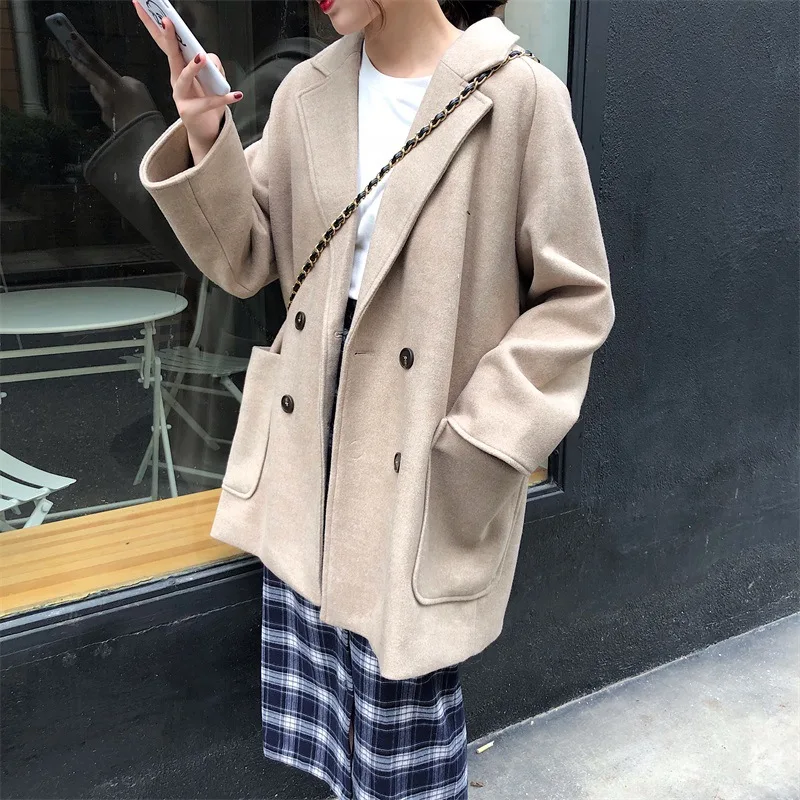 

2019 Loose-Fit Fold-down Collar Double Breasted Large Pocket Versatile Students Woolen Coat Coat