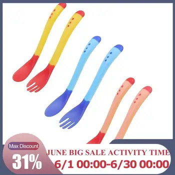 

1pc 2 in 1 Baby Safety Feeding Temperature Sensing Feeding Spoon Flatware Fork Tableware Soft Children Baby Kids Silicone P9Z8
