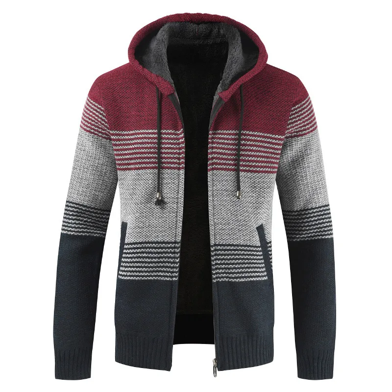 

Men's Sweatercoat Winter Thick Warm Hooded Cardigan Jumpers Men Striped Cashmere Wool Liner Zipper Fleece Outwear Coats M-3XL