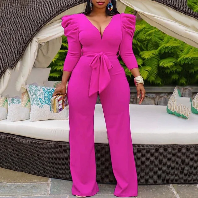 New Arrivals 2021 Autumn Fall Women Clothing Jumpsuits Pink Puff Sleeve High Waisted V Neck Elegant Evening Night Rompers Cloth 2