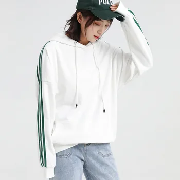 

Three bars long sleeve female hooded sweatshirts Korean version of the loose lazy head coat solid color sports AT197010
