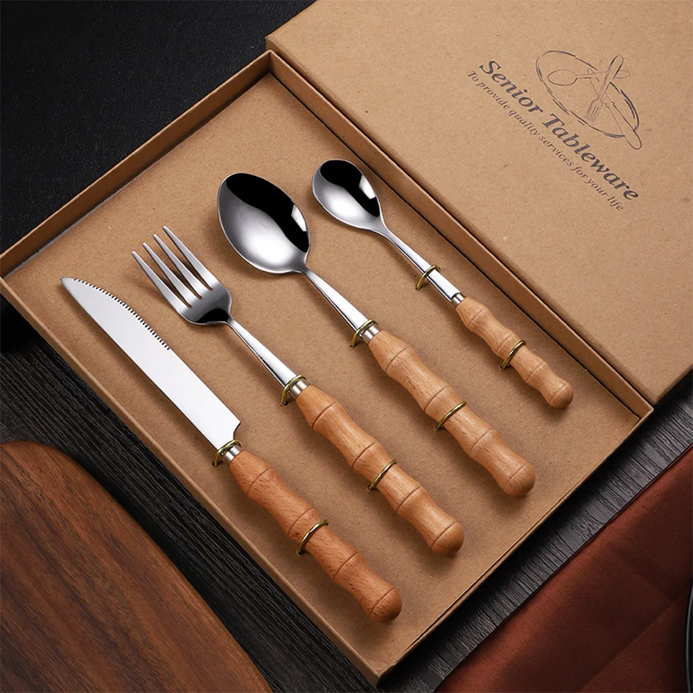 4PCS/Set Stainless Steel Tableware Set Cutlery Wooden Handle Knife Fork Spoon Western Steak Knife Tableware Kitchen Tools