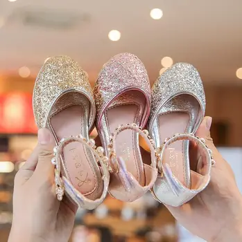 

Pink Sandals For Girl Summer High Heels Gilr Children Gold Sivler Sandals Princess Cute Fashion Bow Student Shoes