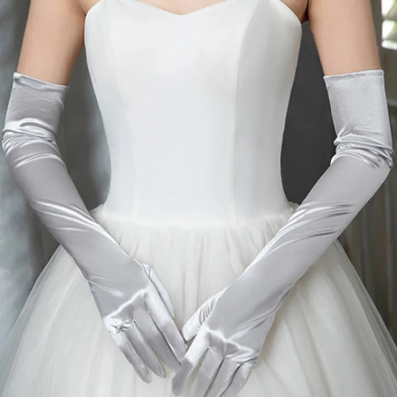 Satin Gloves Korean Women Christmas Wedding Dress Long Elastic Etiquette Gloves Summer Sunscreen UV Full Finger Driving Glove K14