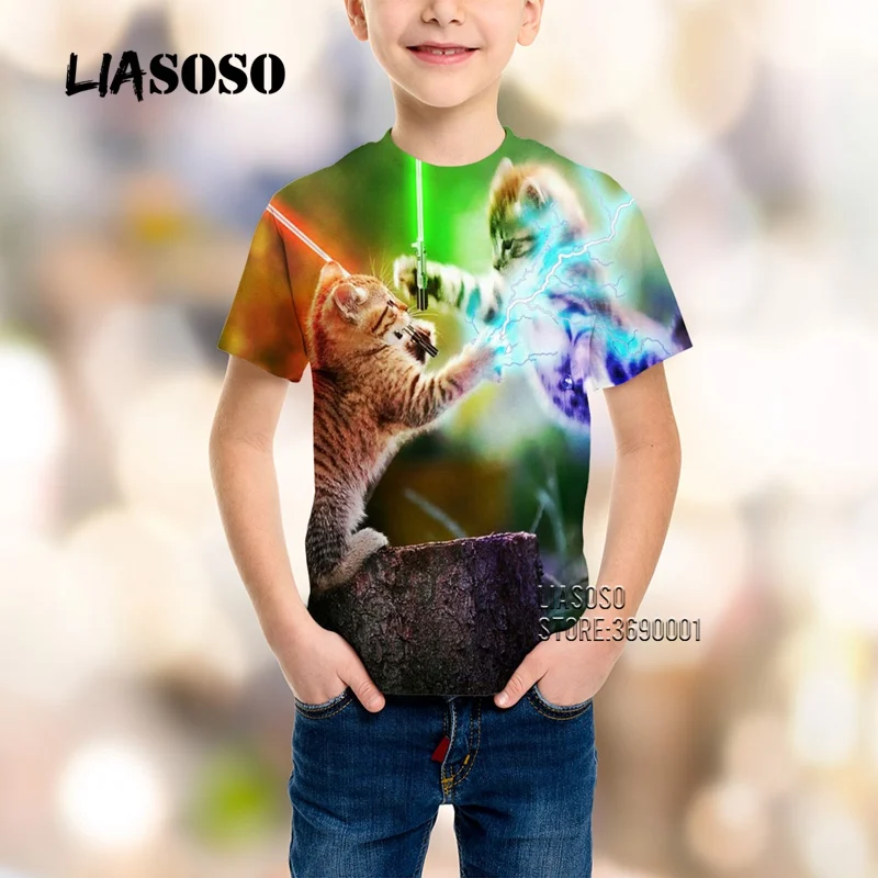 LIASOSO Детские футболки с объемным принтом кота пиццы единорога хлеба; летние футболки с круглым вырезом; Одежда для мальчиков и девочек; футболки в стиле хип-хоп