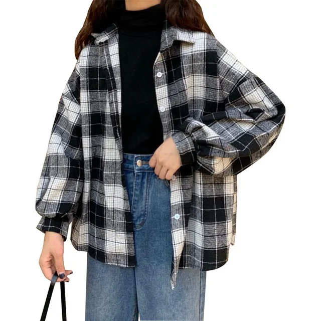 Muyogrt Women Shirt Plaid Oversized Brown Top Turn-down Collar Leisure Fashion Loose All-match Long Sleeves Soft Chic Korean Top Style2-BLACK