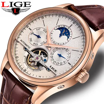 

LIGE Top Brand Luxury Tourbillon Moon Phase Dial Men's Watch Leathers Strap Waterproof Mechanical Watch Men Date Zegarek Meski