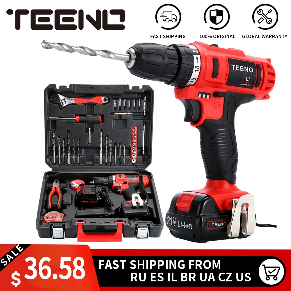 

TEENO 3/8" Electric Screwdriver Cordless Drill Power Driver 21-Volt DC Lithium-Ion Battery 40N.m two-Speeds