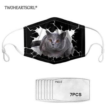 

TWOHEARTSGIRL 3D Cat Printed Adults Kids Outdoor Mouth Mask Anti-dust Windproof Face Mask with 7pcs Filters Reusable Soft Masks