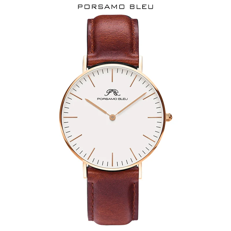 PORSAMO BLEU высококачественные женские часы черные с кожаным ремешком кварцевые часы из нержавеющей стали часы для женщин часы онлайн - Цвет: Brown rose white