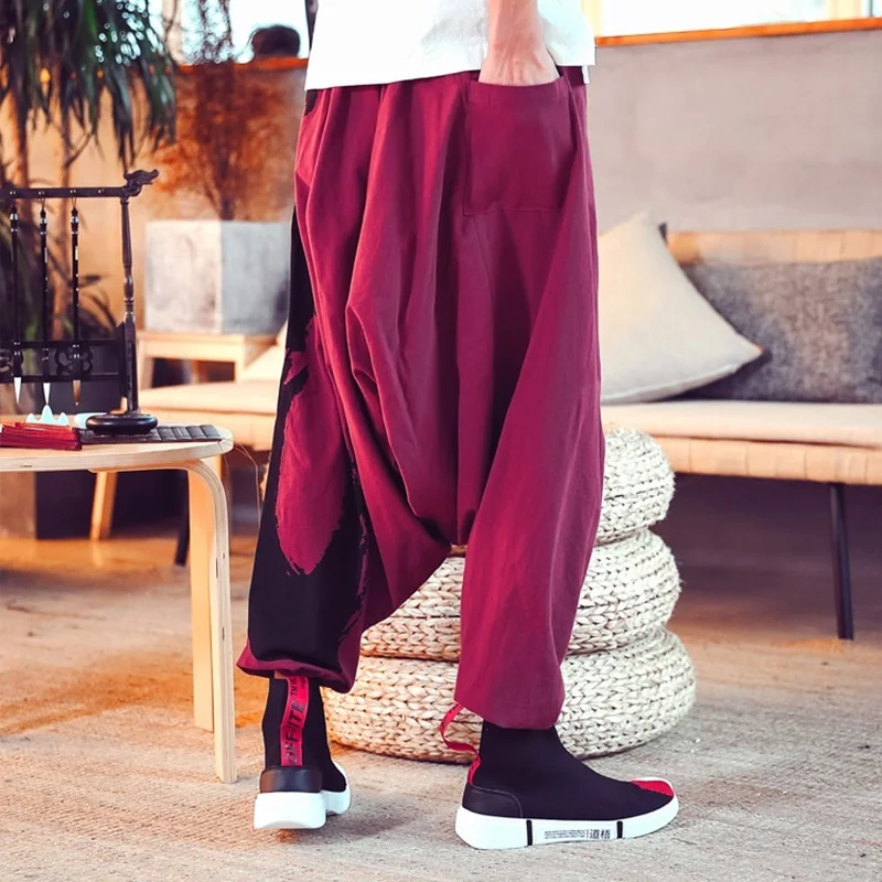 Китайский стиль, хлопковые льняные штаны с принтом в стиле хип-хоп, Мужские штаны для бега, штаны на подтяжках в японском стиле, брюки с редиской, KK3187