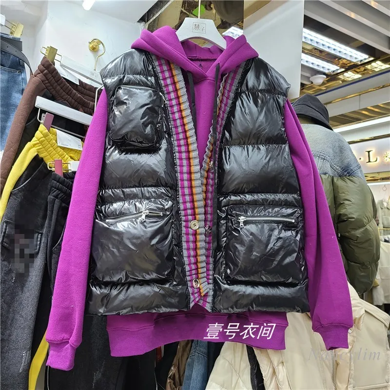 

Two Piece Sets Winter Jacket Women New Color Knitted Edge Down Jacket Vest + Brushed Hoody Hooded Hoodies Female Clothes