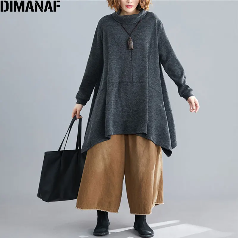  DIMANAF Plus Size Women Pullovers Sweatshirts Turtleneck Autumn Winter Female Lady Tops Shirts Cott