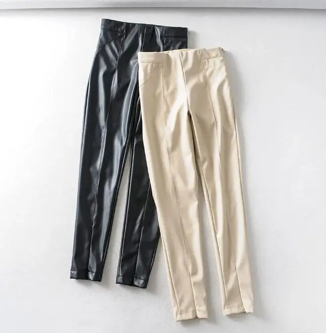 Зимние женские флисовые леггинсы из искусственной кожи с высокой талией, узкие бежевые черные штаны, брюки из искусственной кожи