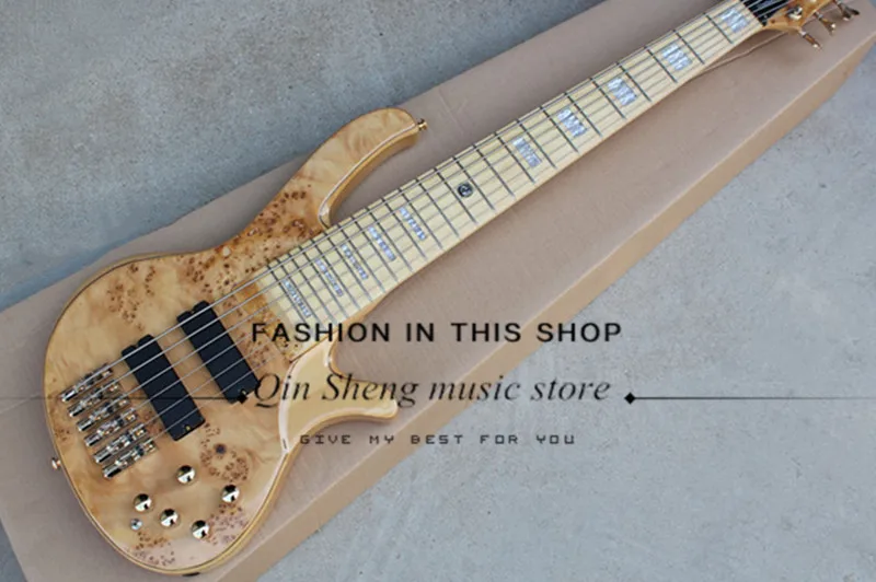 free shipping custom 6 strings electric bass guitar ASH wood body with burl maple veneer string distance 19mm golden hardware | Спорт и