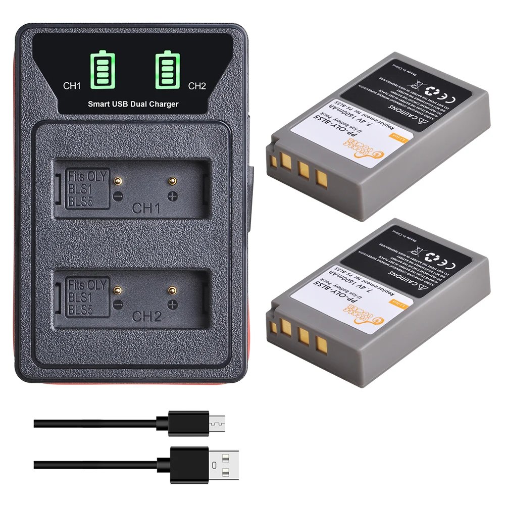 Ps-Bls5 Bls-5 Bls5 Bls-50 Batteria + Led Built-In Usb Caricatore Doppio Per Olympus Pen E-Pl2 E-Pl5 E-Pl6 E-Pl7 E-Pm2 Om-D E-M10