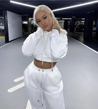 

Women 2 Piece Set Hoodie Solid Color Short Tops And Long Pants Loose Two Piece Set Women Fashion Sexy Sport Female Tracksuits