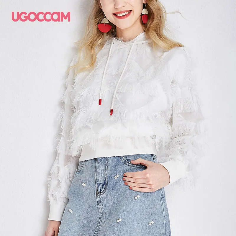 UGOCCAM женские толстовки с кисточками и длинным рукавом, элегантные, Boho Drawstring, уличная одежда, пуловер Harajuku, рубашка, Повседневная Осенняя женская одежда