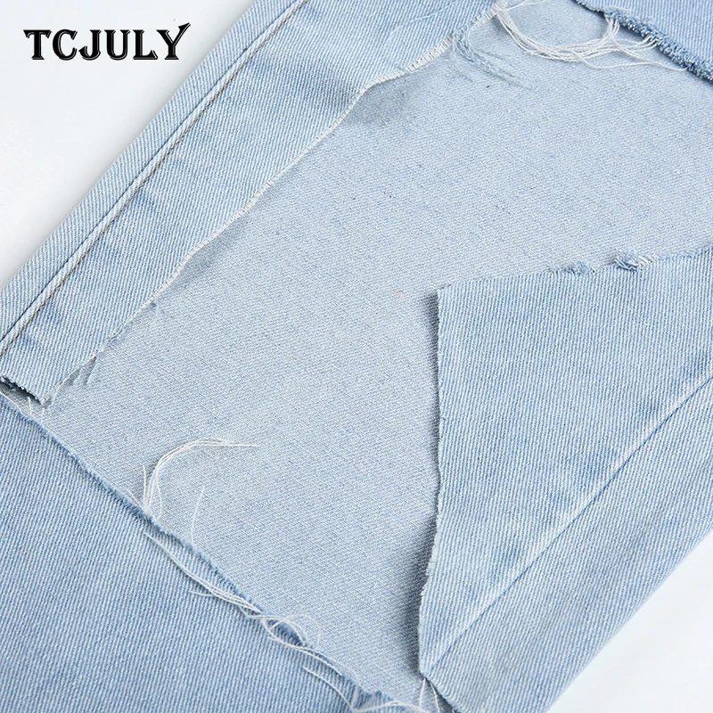 TCJULY, осень, винтажные хлопковые рваные джинсы для женщин, потертые тонкие джинсовые штаны с дырками, уличная одежда, прямой светильник, синие джинсы
