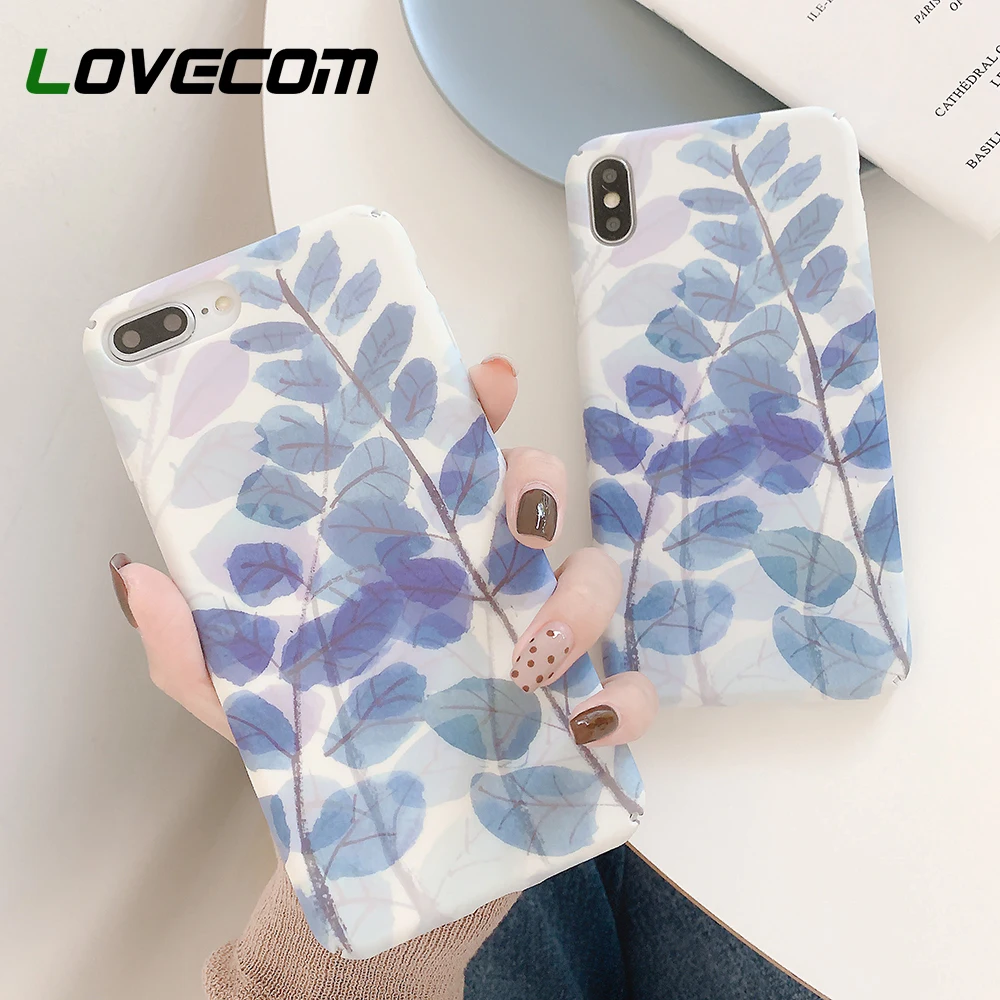 

LOVECOM Blue Watercolor Paint Leaf Phone Case For iPhone XR XS Max XS Case For iPhone 7 8 6S Plus Matte Hard PC Phone Back Cover