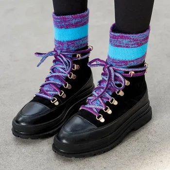 

Prova Perfetto Hand-made Black Winter Boots Women Flat Platform Lace-up Knitting Sock Boots Genuine Leather Warm Snow Boots