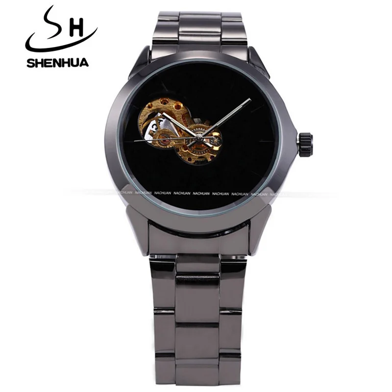 SHENHUA Luxury Men Watches Famous Brand Black Dial Automatic Self Wind Mechanical Skeleton Watches Men relogio masculino