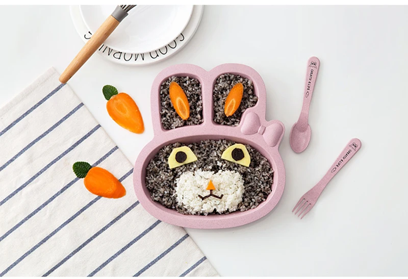 TUUTH Cute Children Tableware Set Rabbit Airplane Shape Dishes 3 Sets of Plates Fork Spoon Dinner Plates for Child Baby B4