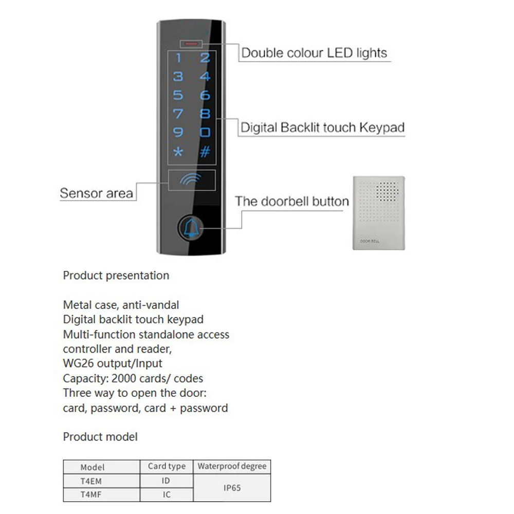 Metal case 125MHZ RFID Access Control Metal Touch Screen 13.56MHZ Standalone Access Controller Waterproof T4 WG26 Input output