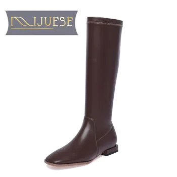 

MLJUESE 2021 women Knee-High boots Cow leather Winter short plush Square Toe zipper Low heels female boots size 43