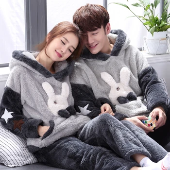 

Coral Cashmere Couple Pajamas Winter Long Sleeve Men and Women Cute Cartoon Hoodie Thicken Plush Home Wear Suit Full Polyester