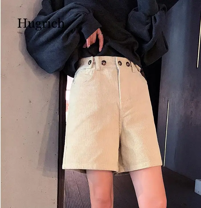 2021 Spring New Women's Loose Pockets Fashion Mid Waist Shorts Office Lady Buttons Female Corduroy Shorts