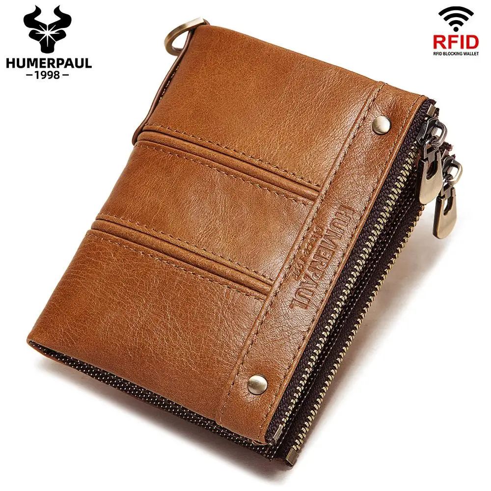 HUMERPAUL Men's Wallet New RFID Anti-Magnetic Wallet Real Cowhide Men's Multi-Function Double Zipper Coin Purse