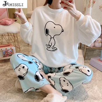 

JRMISSLI Thick Velvet Coral Fleece Pajamas Women Warm Flannel Long Sleeved Winter Pijama Home Service Suit Pyjamas Mujer