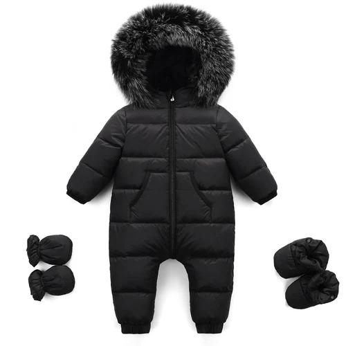 Baby Snowsuit Winter Jumpsuit Newborns Snow Wear Clothes Down Fur Jacket Kids Girls Coats Infant Rompers for Boy Parka Overalls - Цвет: Черный