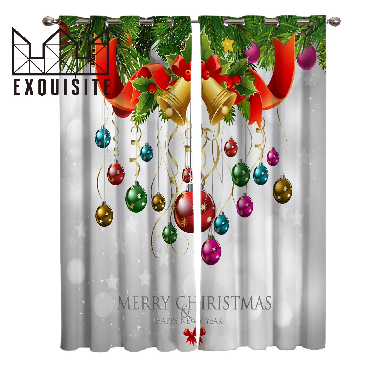 

Exquisite House Merry Christmas Tree And Bell Window Curtains Dark Curtain Rod Kitchen Indoor Drapes Decor Kids Window