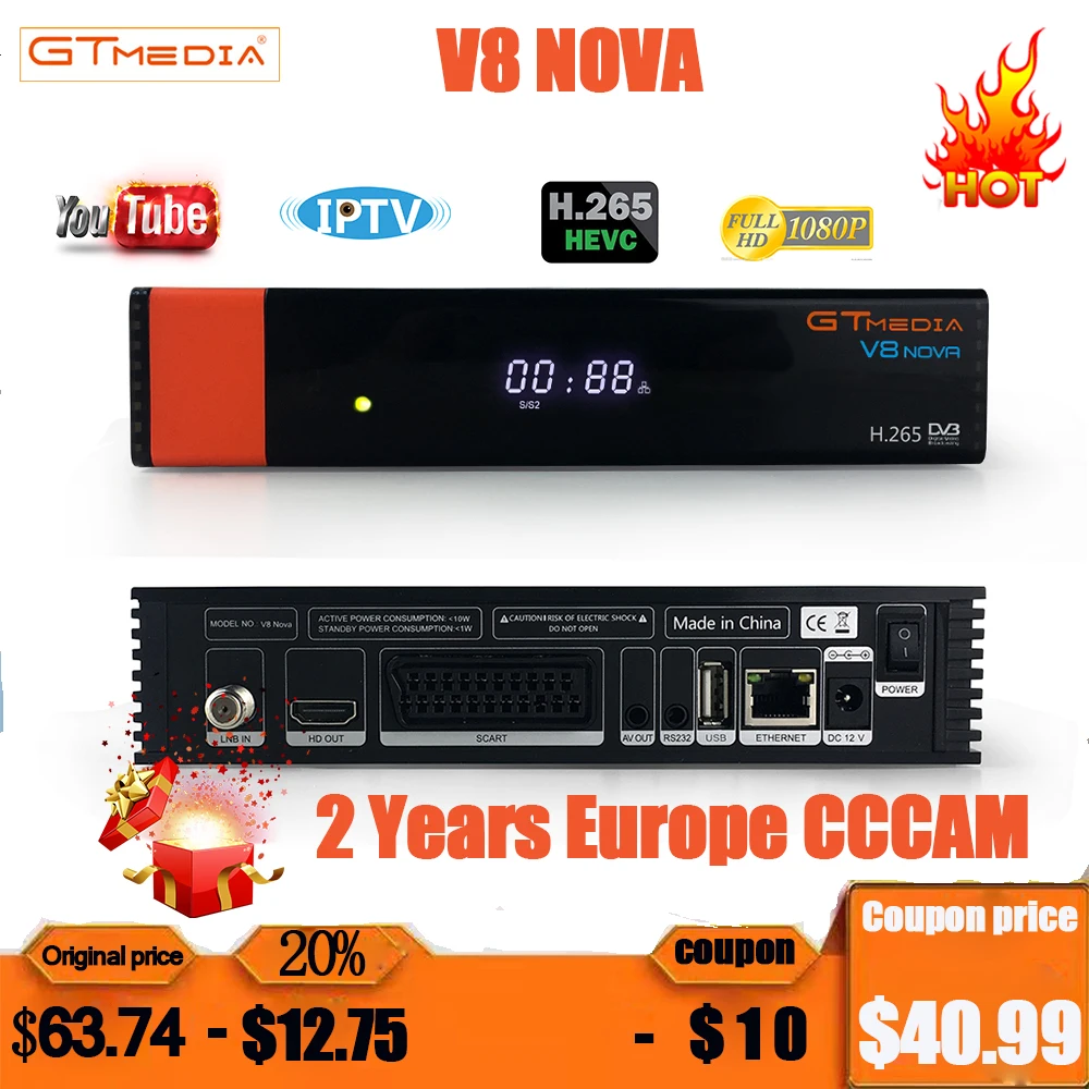 GTmedia V8 NOVA спутниковый ресивер DVB S2 декодер полностью HD ресивер DVB S2 H.265 встроенный wifi Поддержка YouTube+ 2 года cccam