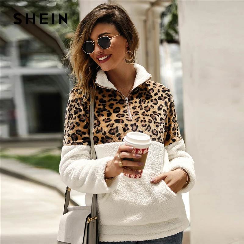SHEIN фланелевый контрастный Леопардовый свитер на молнии с плюшевой подкладкой, пуловер для женщин на осень и зиму, повседневные толстовки с воротником-стойкой