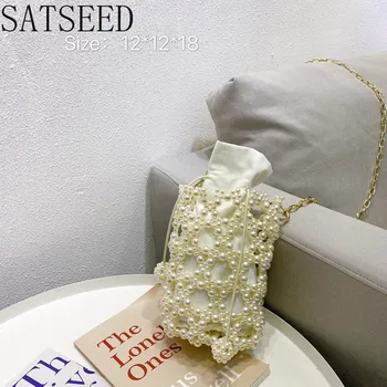

2020 Summer New Hollow Handmade Pearl Woven Bun Mother Bag Fashion Simple Style Shoulder Messenger Bag Women Handbag