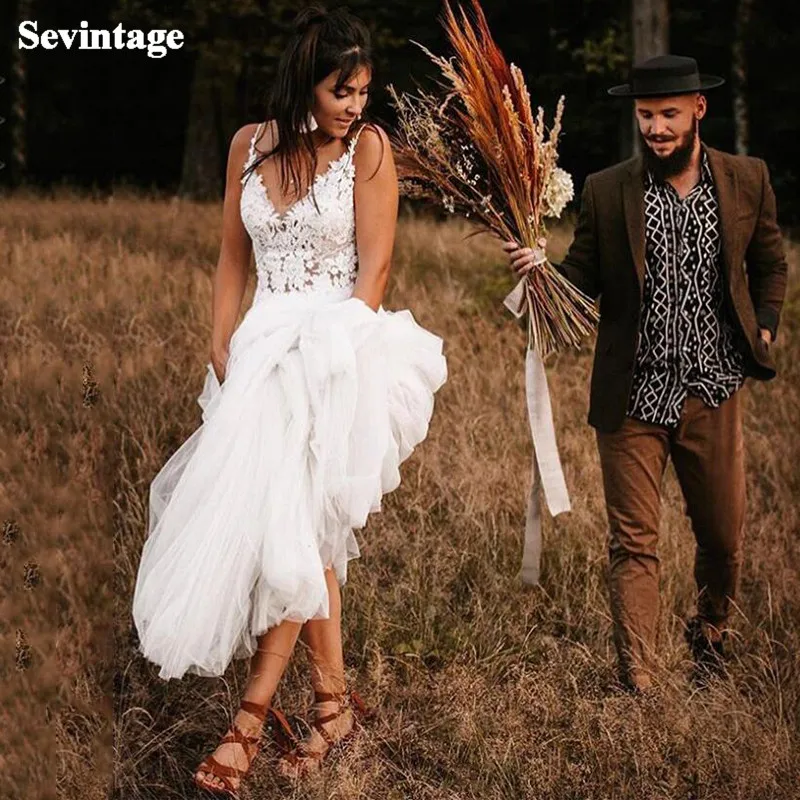 

Lace Boho Wedding Dresses Split Appliqued Beach Bride Dress Country Princess Backless Bridal Gown Custom Made Party Gowns 2021