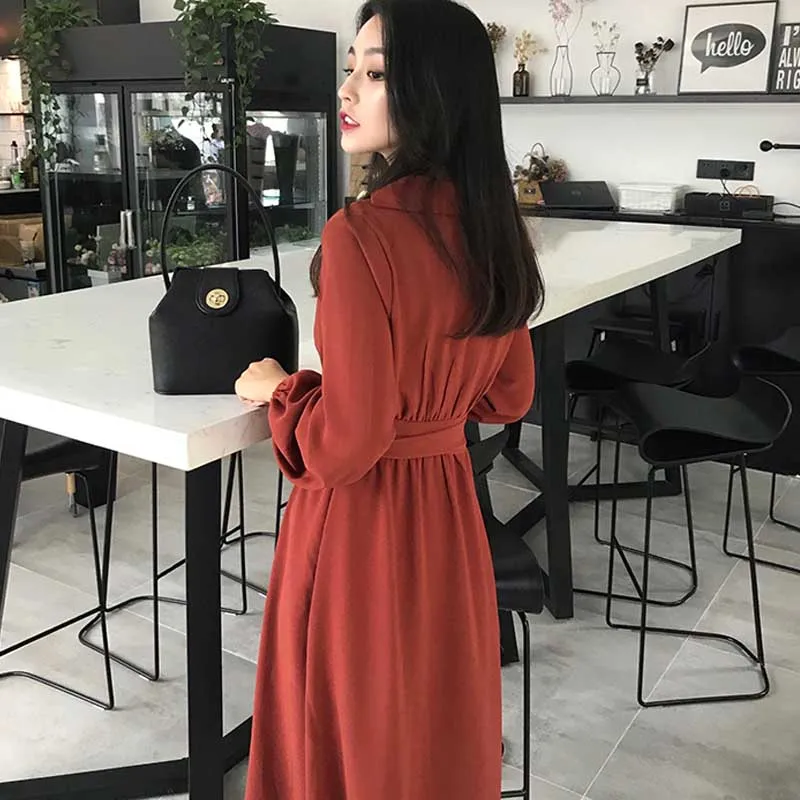 One-Piece Long Sleeve For Ladies Dress 2020 Spring Autumn French Vintage Waist V-Neck Dress Women Korean Office Elegant Dresses