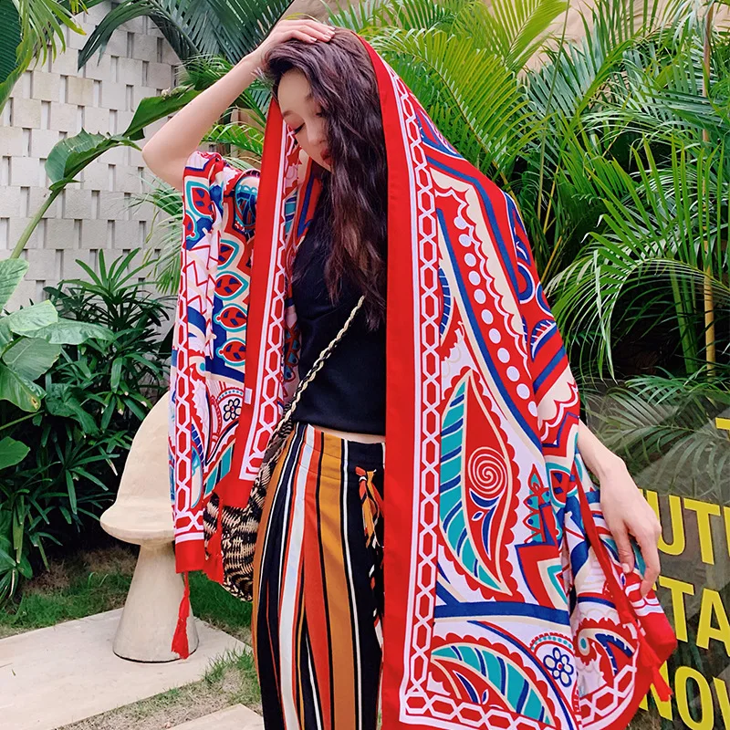 

Sunscreen Shawl Long Silk Scarf Polyester Foulard Luxe Beach Towel Foulard Cheveux Femme Polyester Striped Fahion Luxury Brand