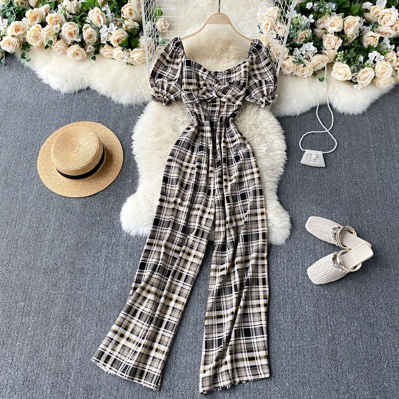 

Women's spring summer short sleeve sexy square collar plaid long jumpsuit female wide leg long pants overall TB1128