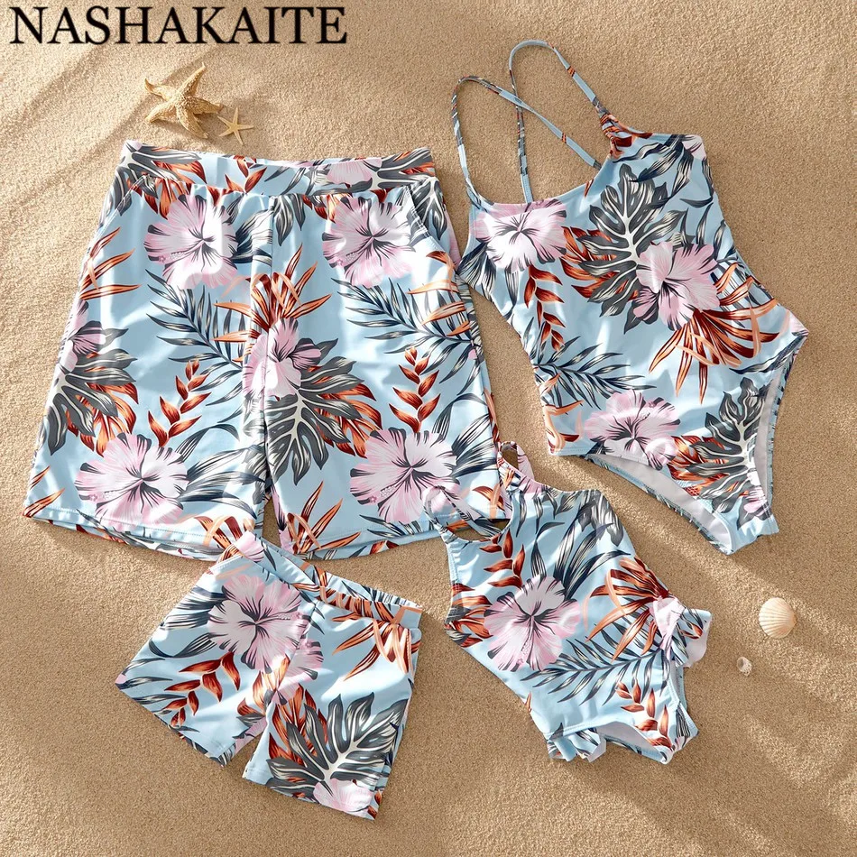 

NASHAKAITE Family matching Swimwear Blue Leave Printed One-Piece Swimsuit For Mom Daughter Mommy and me swimsuit Dad Son Shorts
