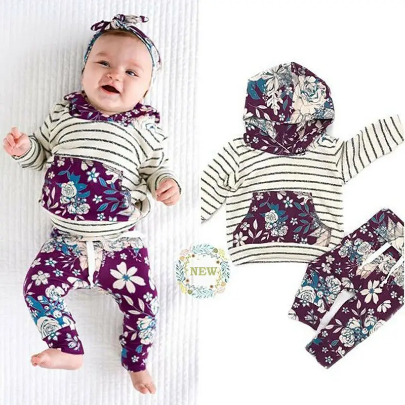  3pcs Winter Fall Newborn Baby Girls Clothing Sets Cute Floral Hooded Toddler Infant Tops+Pants+Head